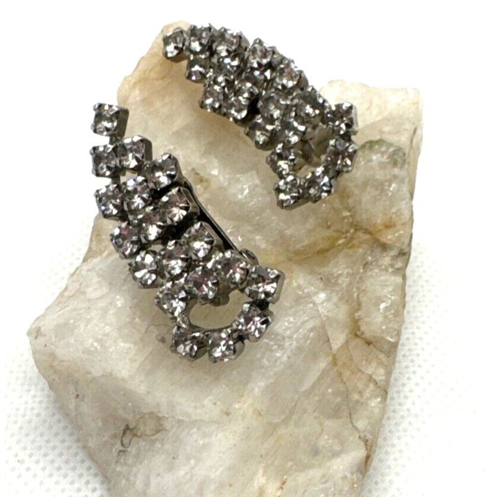 Vintage Clear Rhinestone‎ Silver Tone Climber Clip-On Earrings 1960s Retro Glam